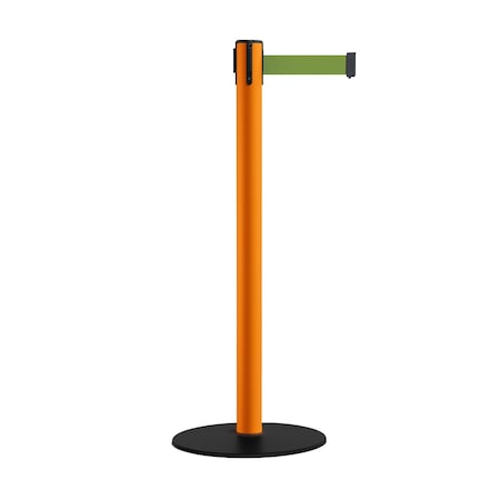 Montour Line Retractable Belt Stanchion, Low Base, 2.5" Orange Post 9' Olive Belt S400-OR-OL-90